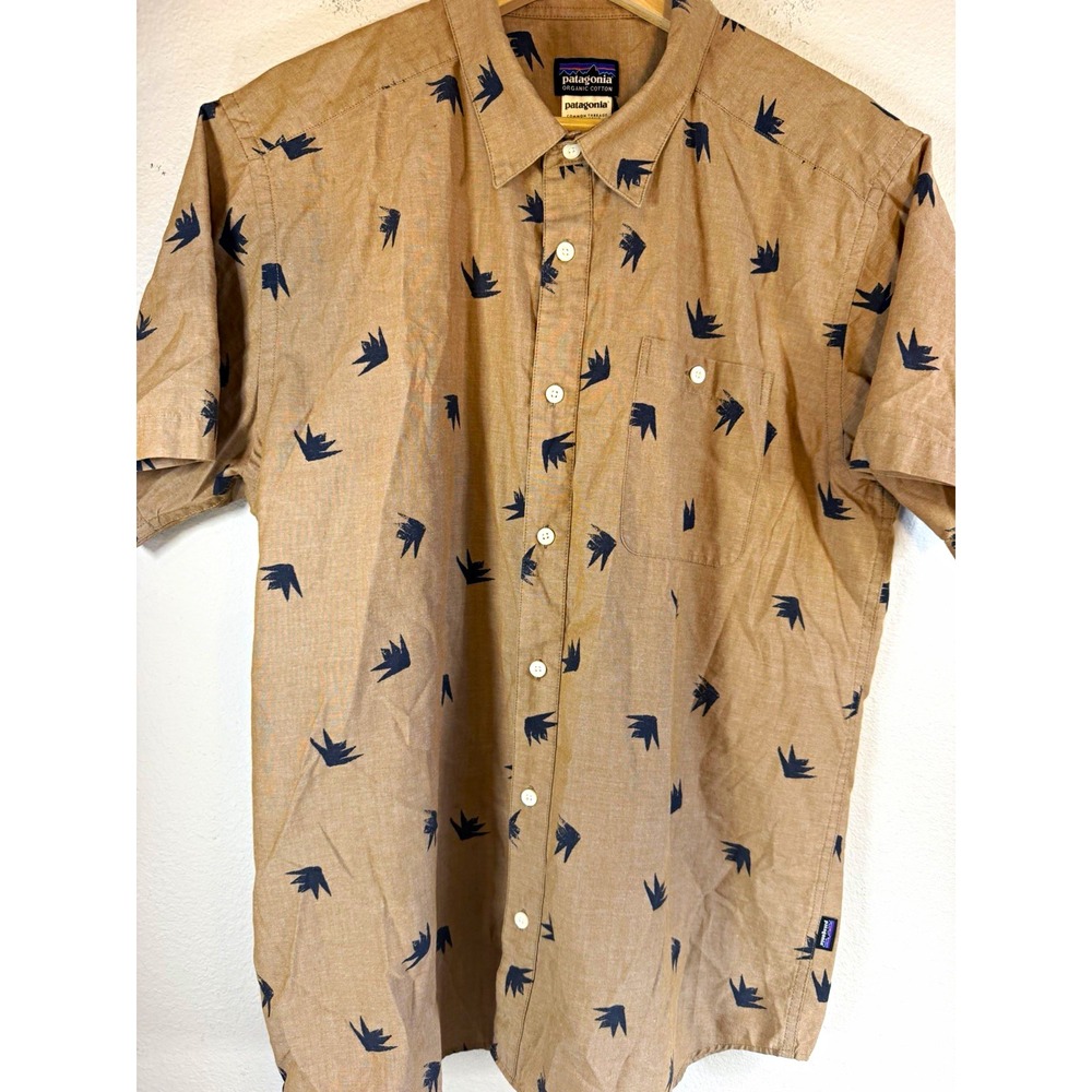 Patagonia Mens L Woven Organic Cotton/Poly Bird Print Button Up Shirt Pockets